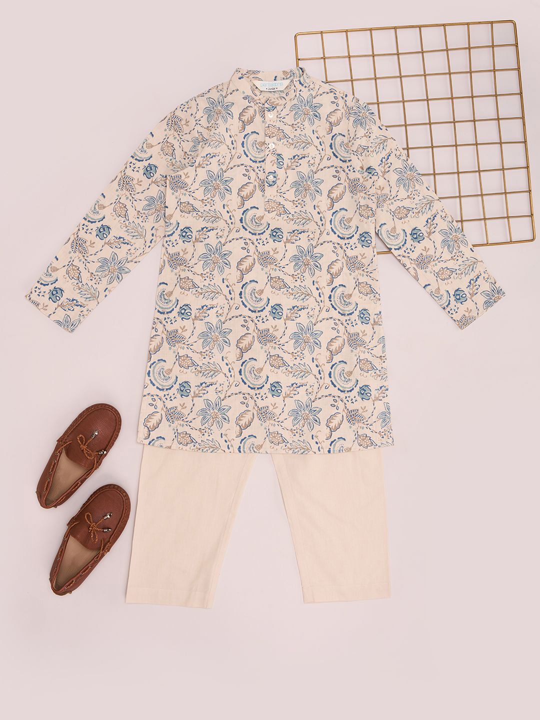 indus route by Pantaloons Boys Floral Printed Regular Pure Cotton Kurta with Pyjamas