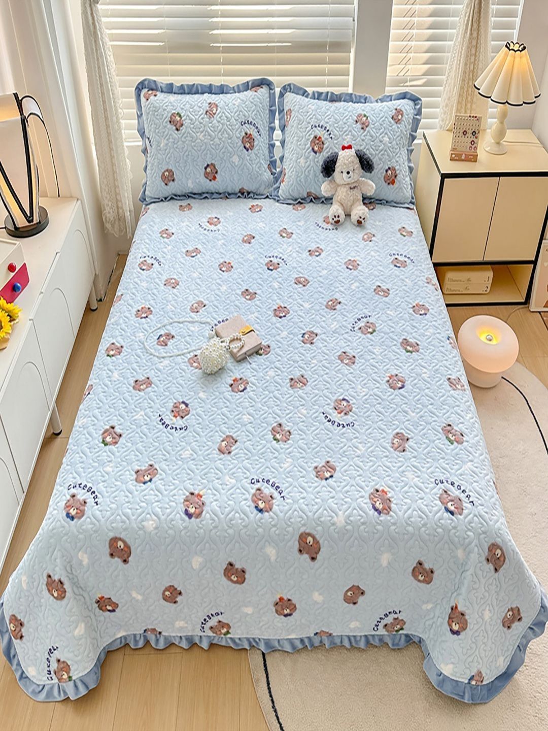 JC HOME Blue & Brown Printed Cotton Double King Bed & Pillow Cover
