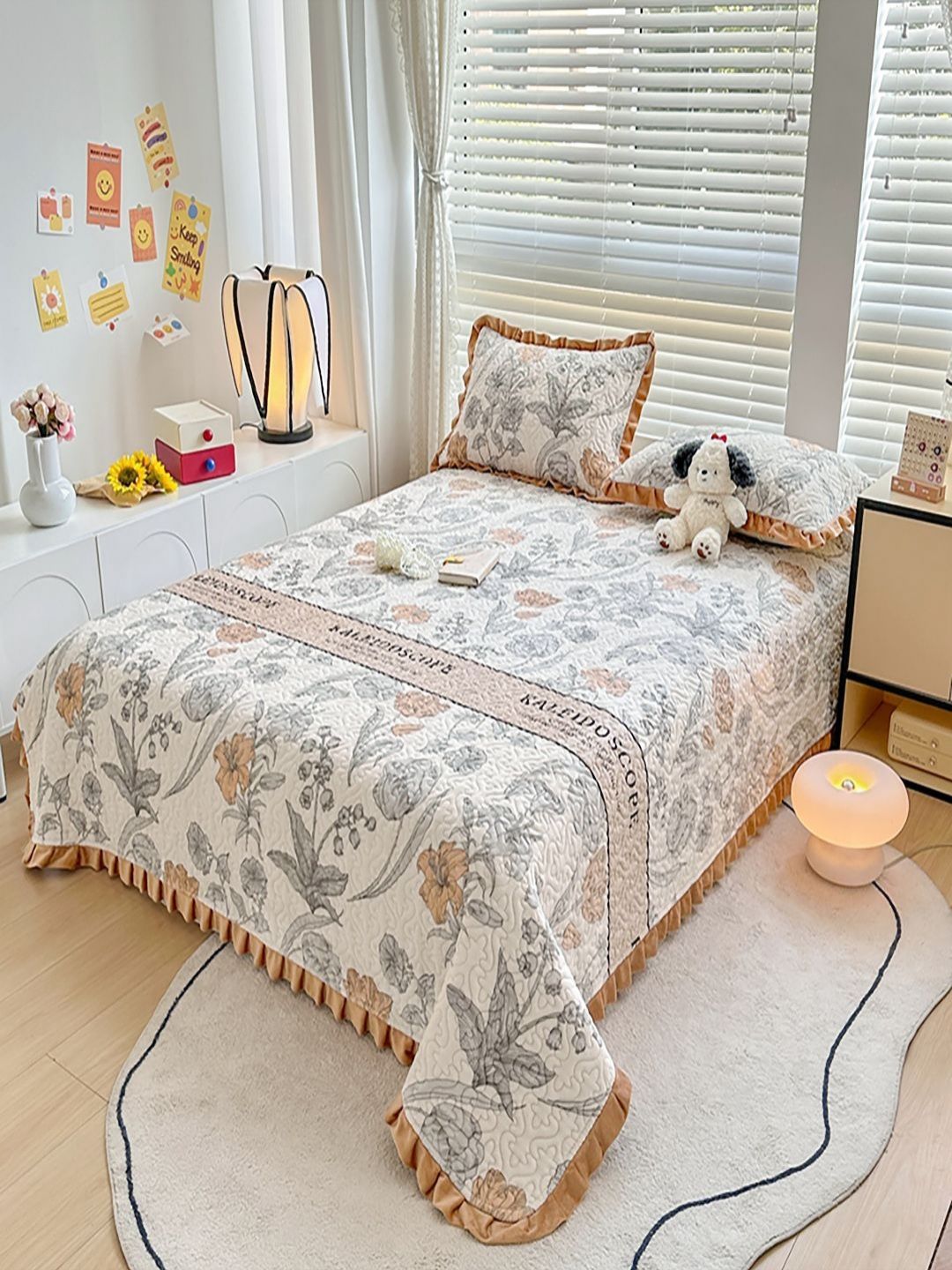JC HOME Brown & White Printed Cotton Double King Bed & Pillow Cover