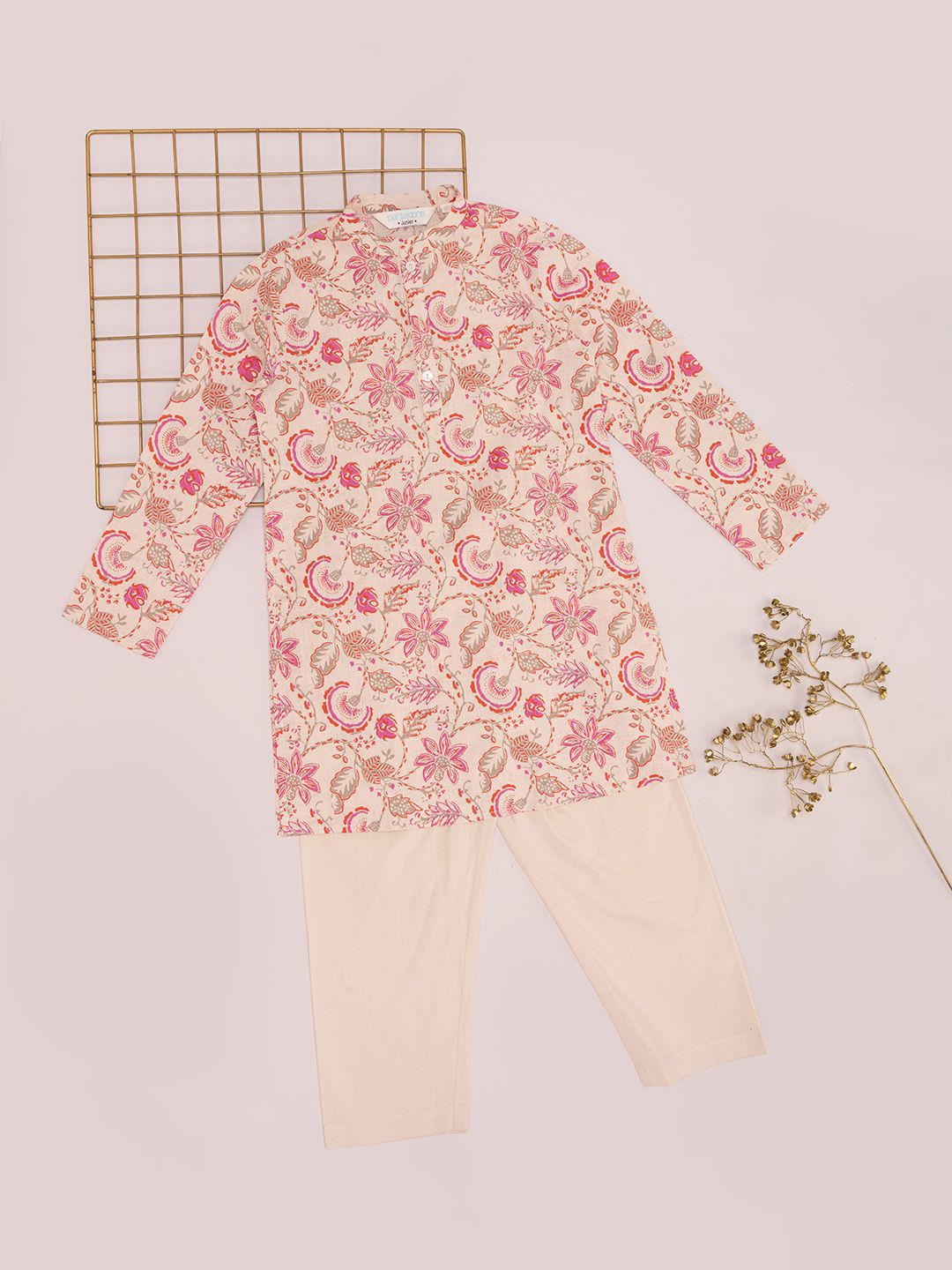 indus route by Pantaloons Boys Floral Printed Regular Pure Cotton Kurta with Pyjamas