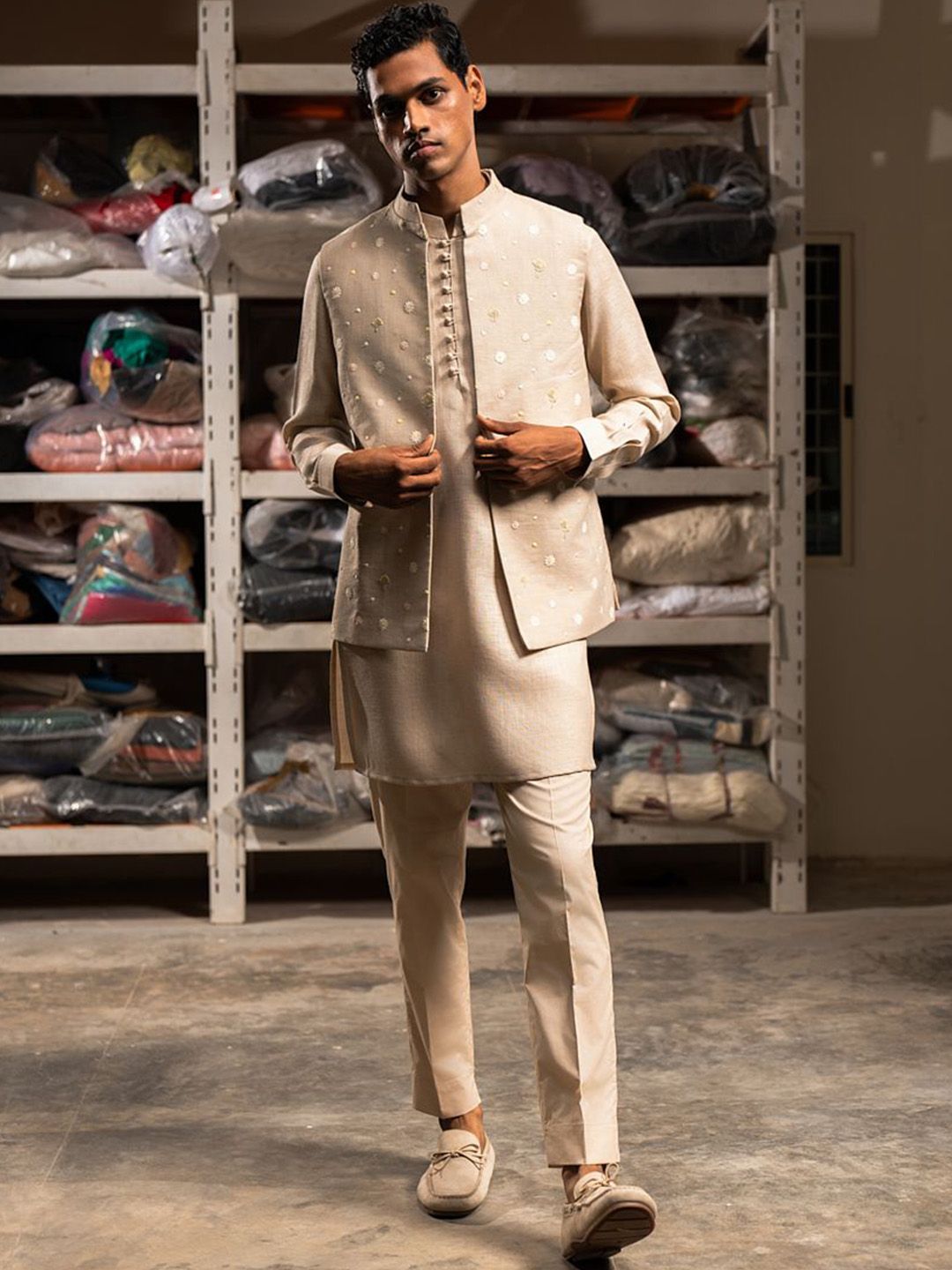 Project Bandi Embroidered Satin Nehru Jacket