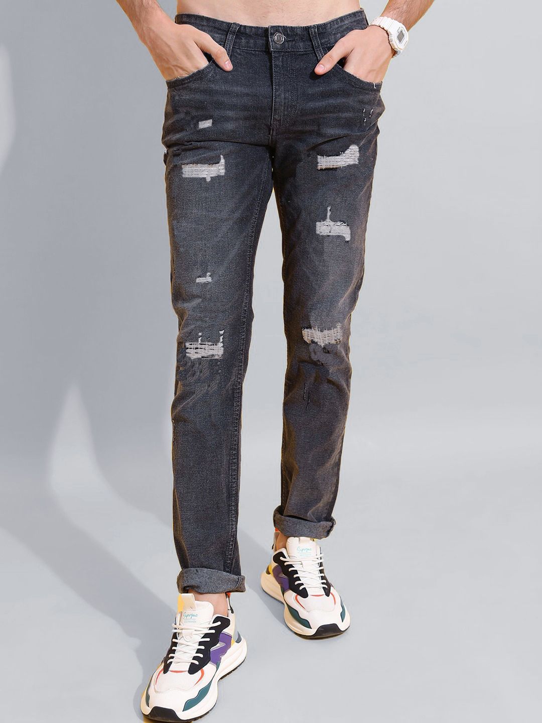 fineblu Men Skinny Fit Highly Distressed Light Fade Stretchable Jeans