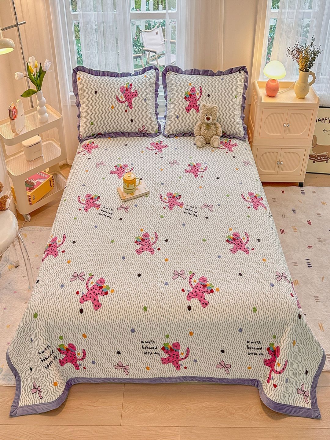 JC HOME Purple & White Printed Cotton Double Super King Bed & Pillow Cover