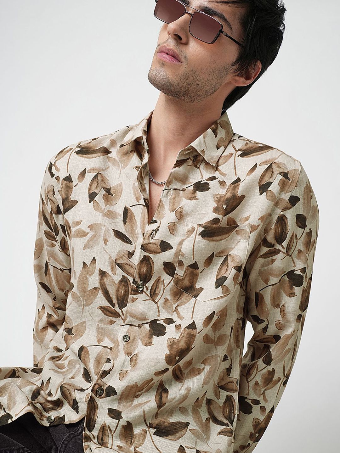VASTRADO Camel Artistic Floral Cotton Long Sleeves Slim Fit Shirt