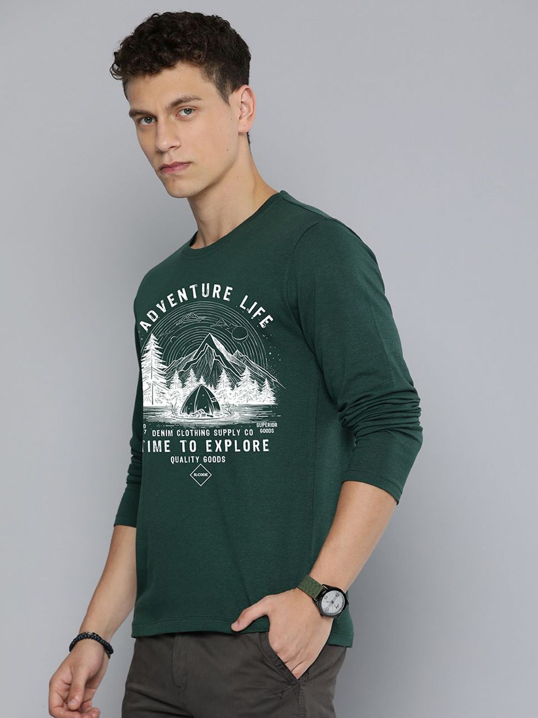 R.Code by The Roadster Life Co. Men Printed Raw Edge T-shirt