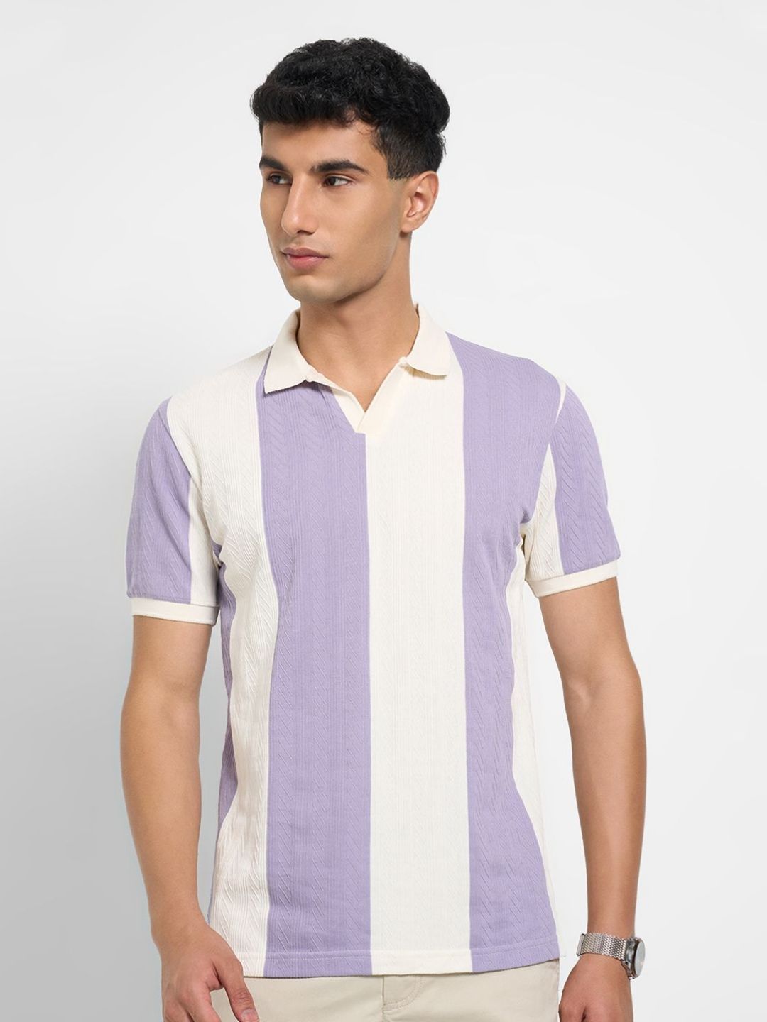 Peregrine by Pantaloons Men Striped Polo Collar Cut Outs Slim Fit T-shirt