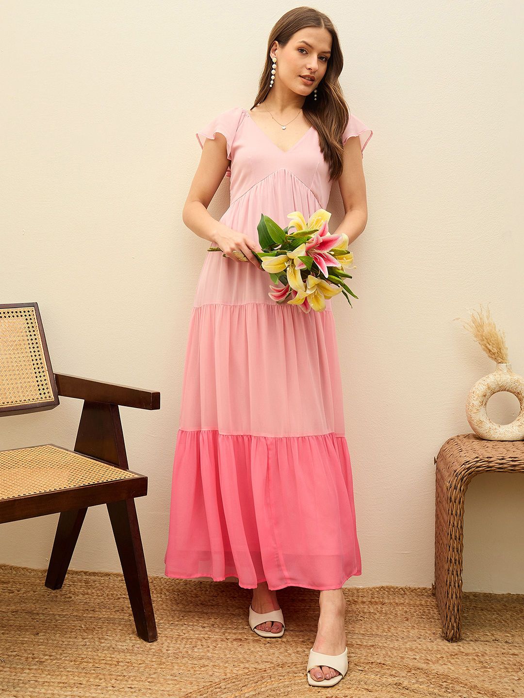 Buy SASSAFRAS Colourblocked Printed Frill Sleeve Fit & Flare Maxi