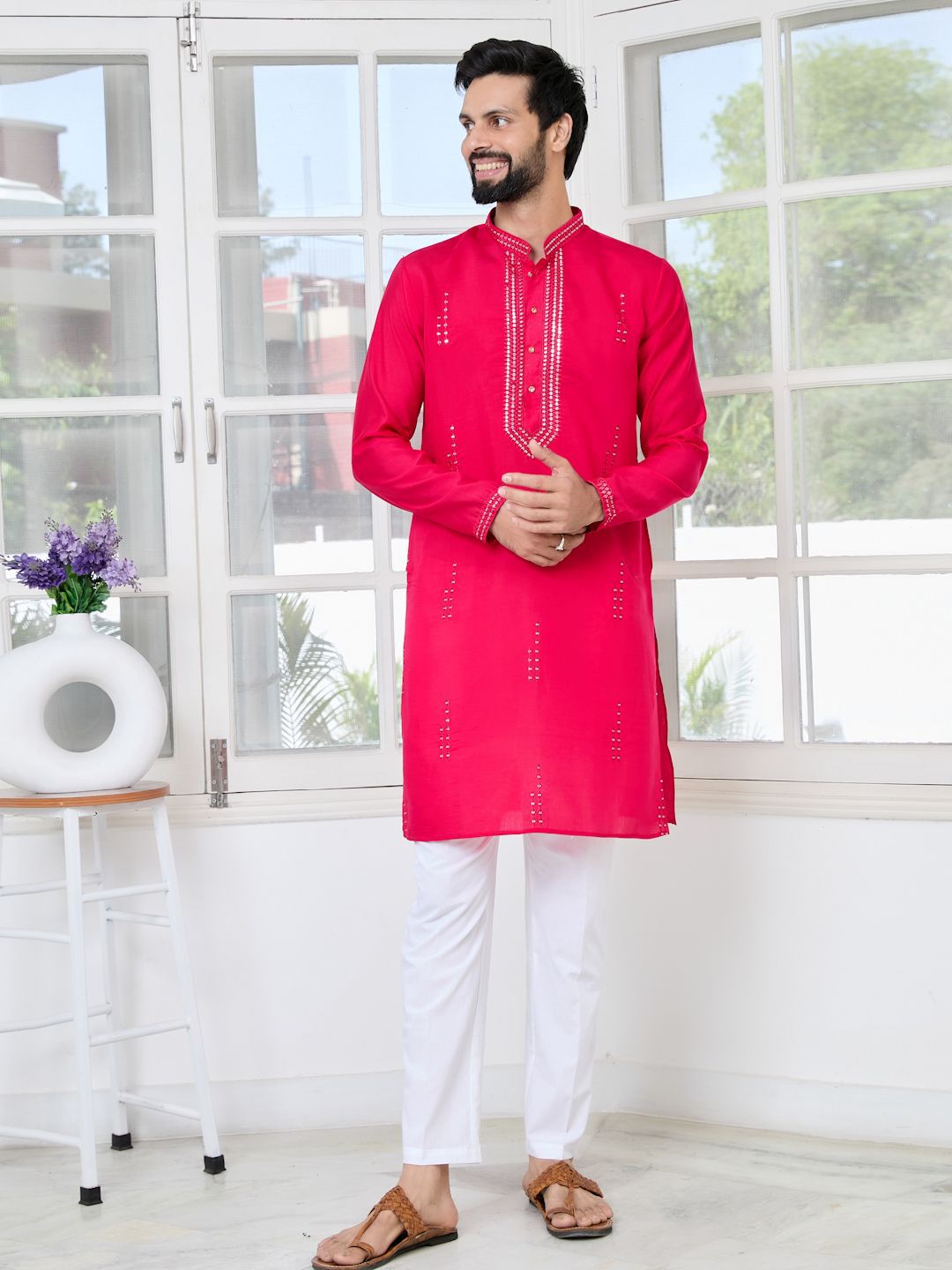 See Designs Geometric Embroidered Mandarin Collar Sequinned Cotton Chanderi Straight Kurta