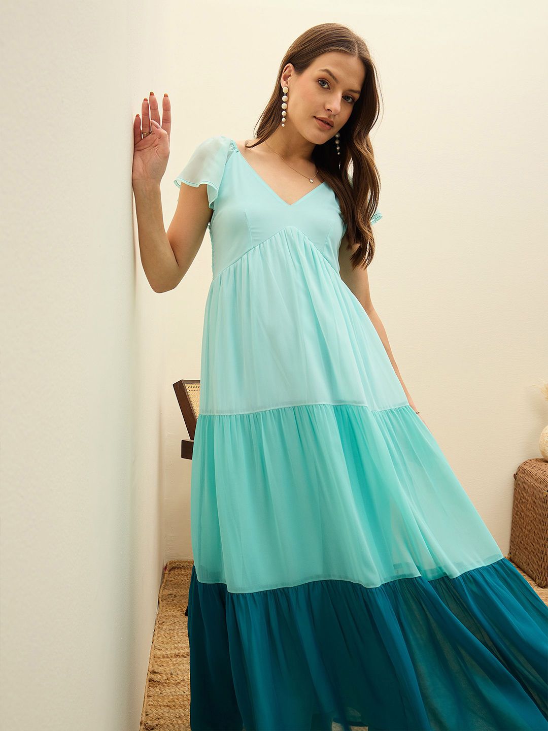 Buy SASSAFRAS Colourblocked Printed Frill Sleeve Fit & Flare Maxi
