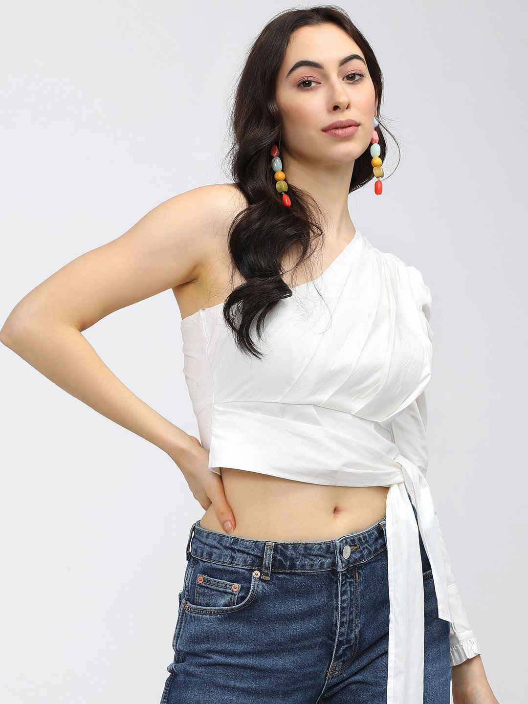 Buy Tokyo Talkies White One Shoulder Wrap Crop Top - Tops for