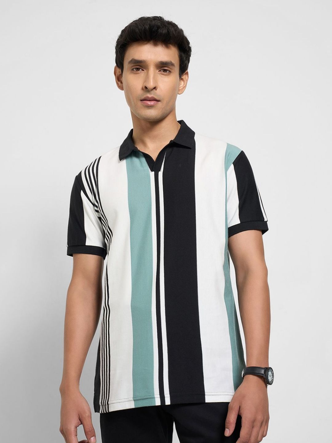 Peregrine by Pantaloons Men Striped Polo Collar Pockets Slim Fit T-shirt