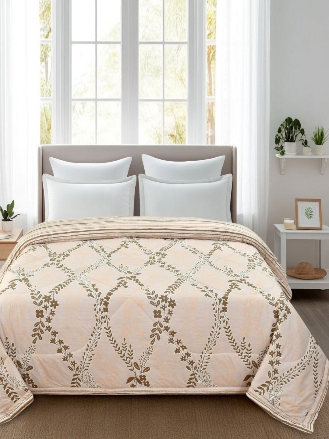 Florida Peach-Coloured & Brown Floral Microfiber AC Room Double Bed Comforter