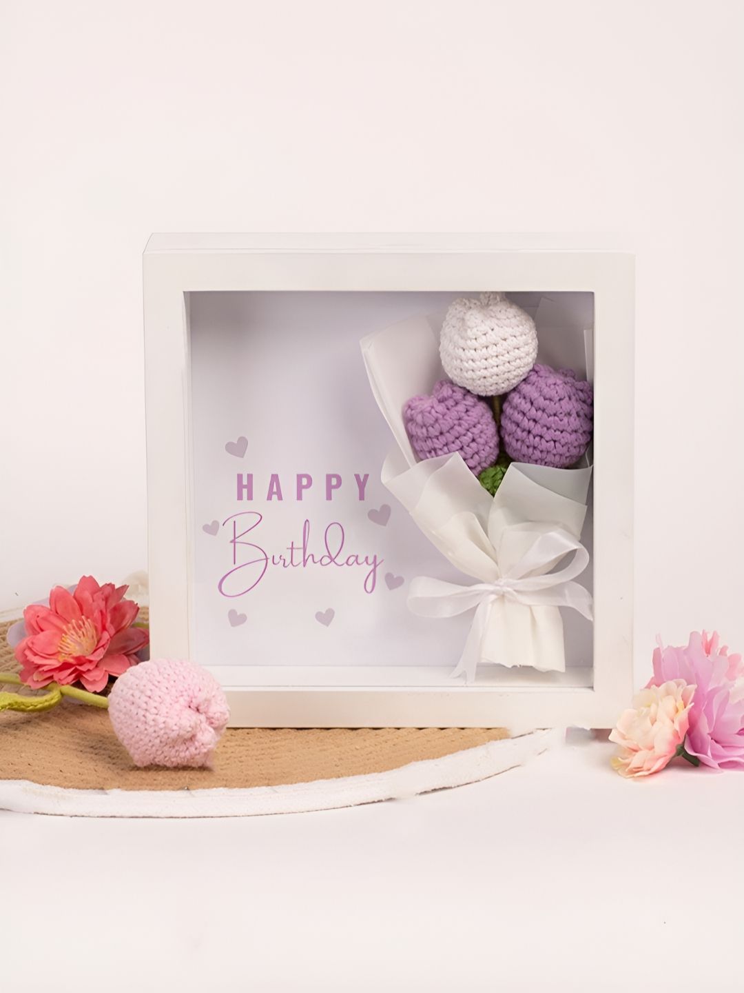 Confetti Gifts White & Purple Crochet Tulip Frame Birthday Home Gift Sets