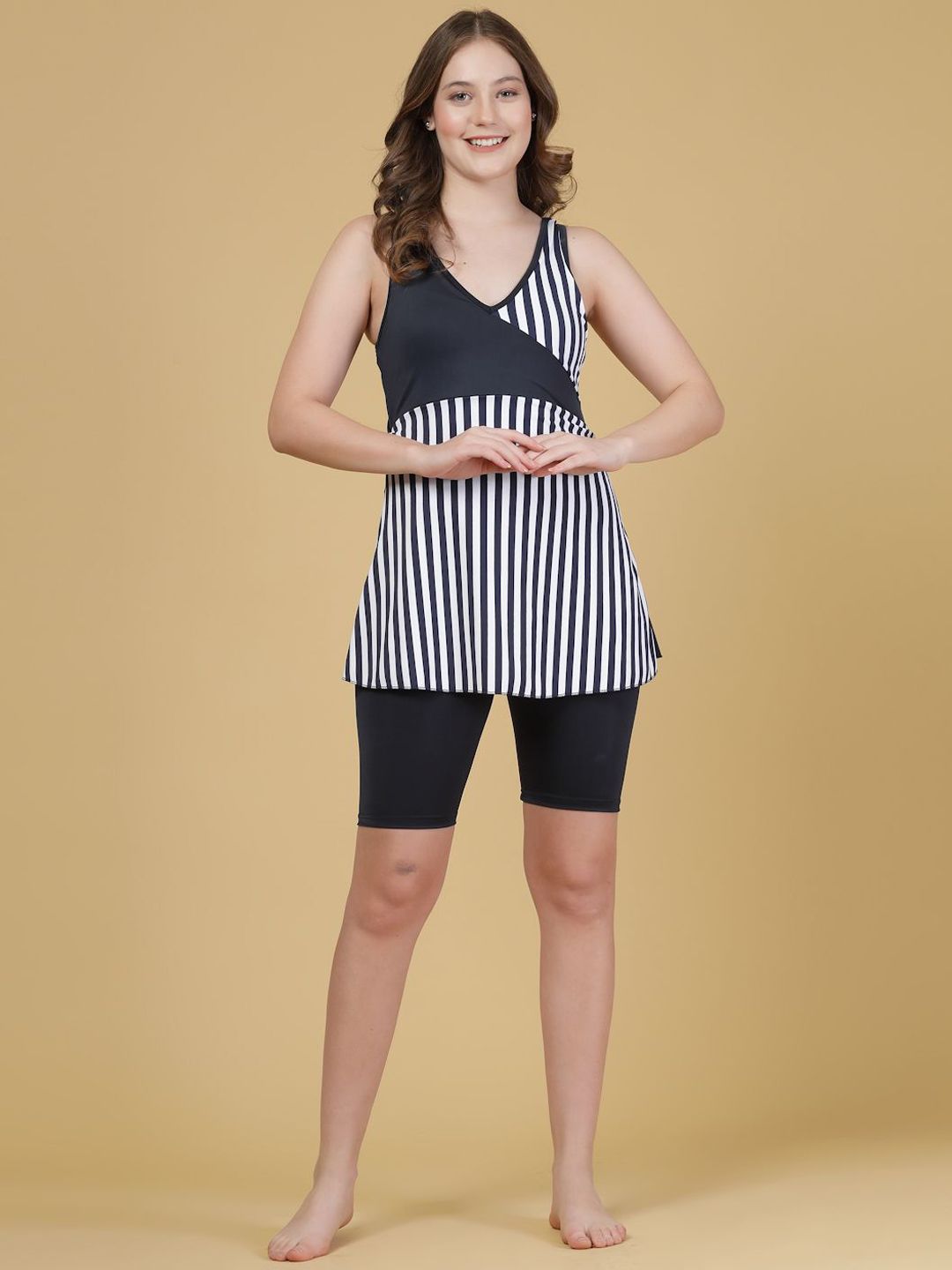 CUKOO Striped V-Neck Swimming Dress