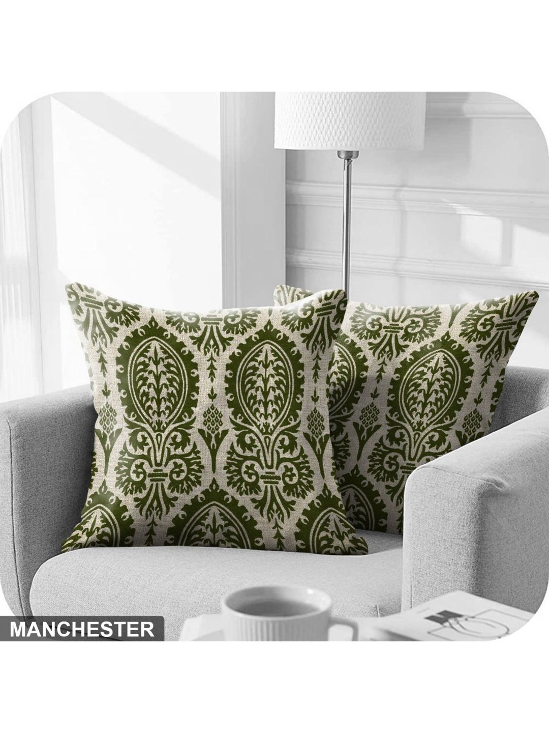 Aura Green & White 2 Pieces Ethnic Motifs Printed Square Cushion Covers