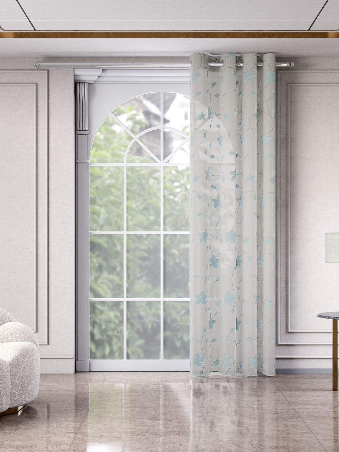 Embroidered Door Curtain haus & kinder Shadow Bloom White & Blue Embroidered Sheer Door Curtain