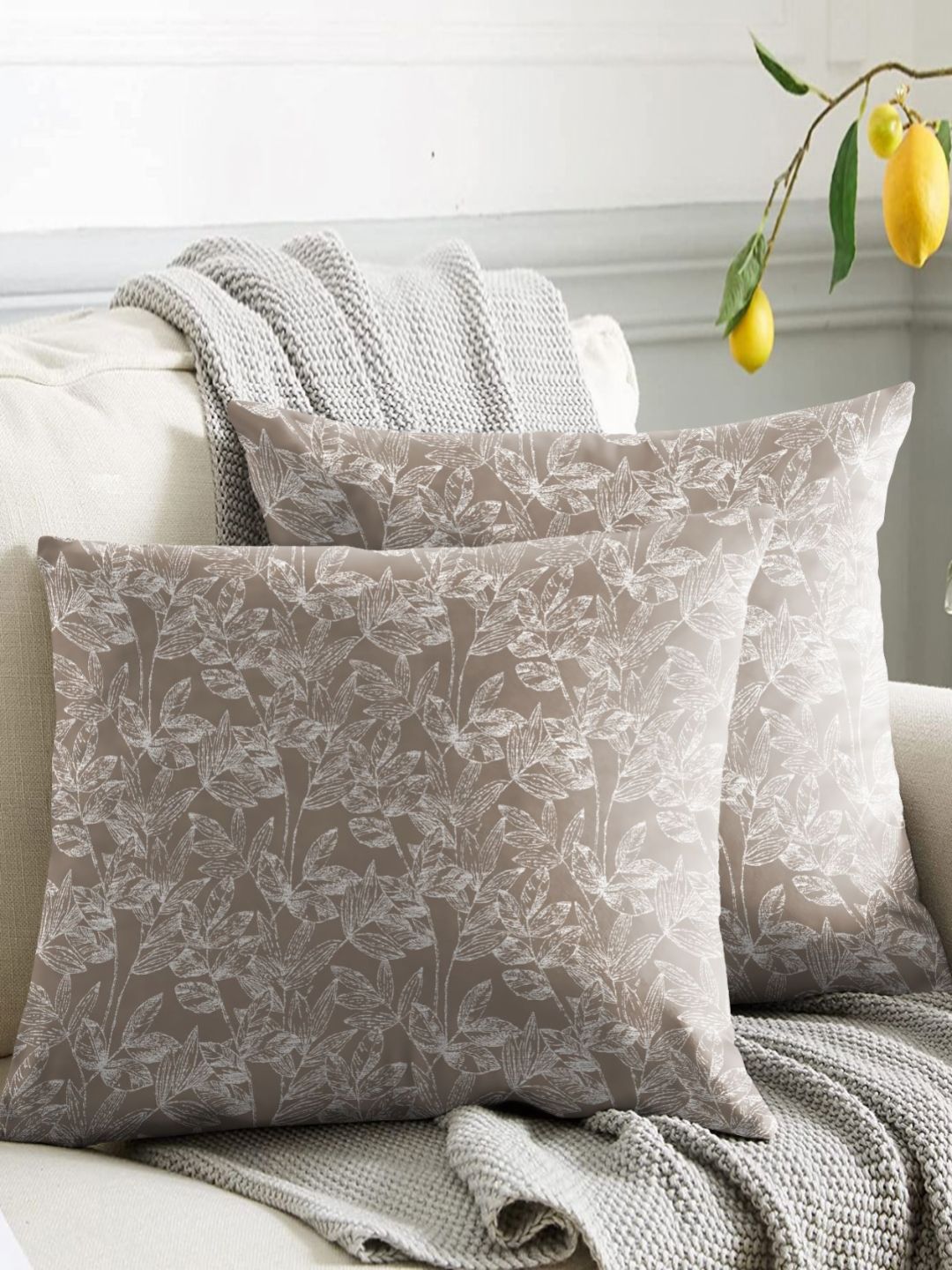 Aura Brown & White Set of 2 Floral Square Cushion Covers