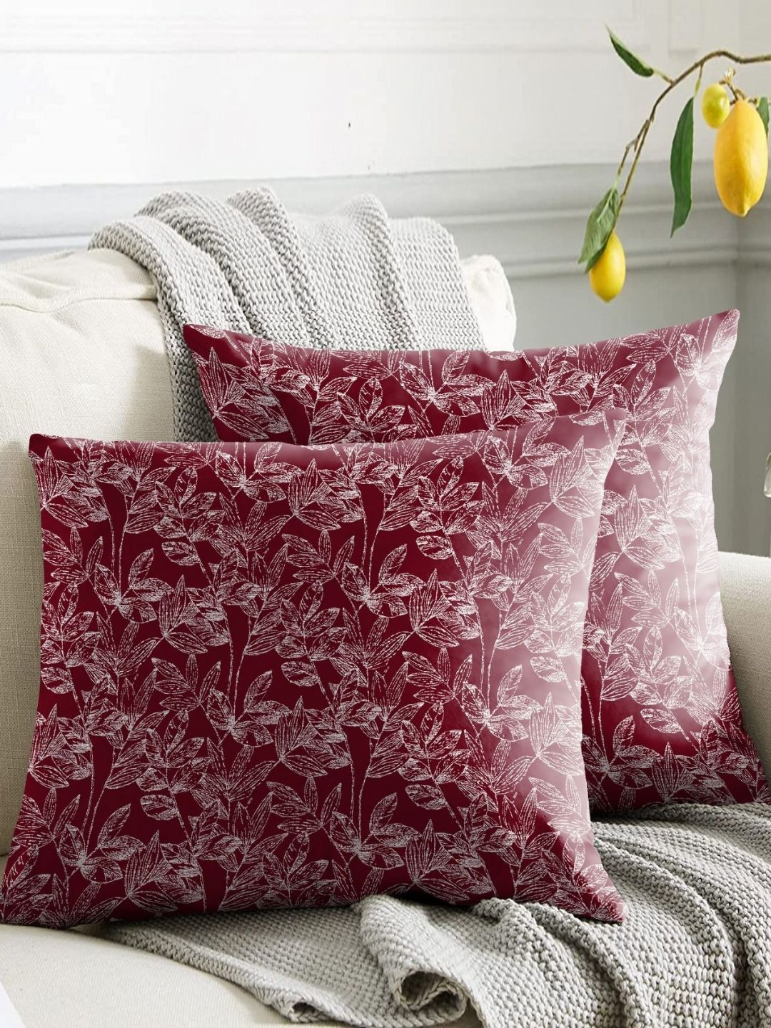 Aura Maroon & White 2 Pieces Floral Printed Square Cushion Covers