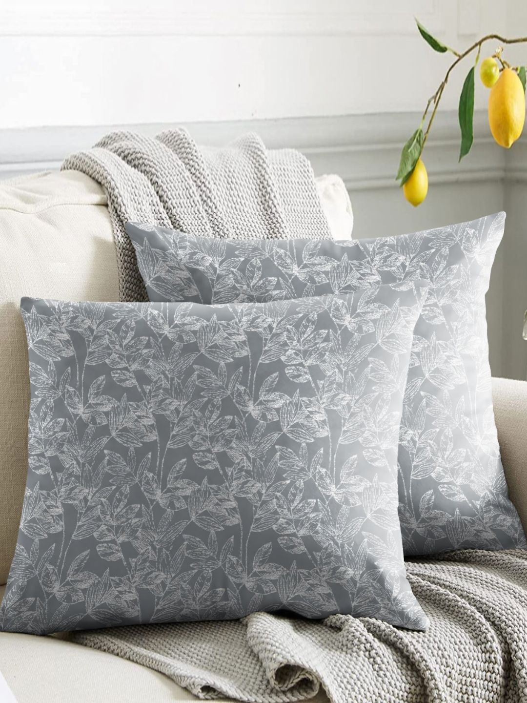Aura Premium Meadow Grey Leaf Polyester Washable 2 Piece Square Cushion Covers -18x18In