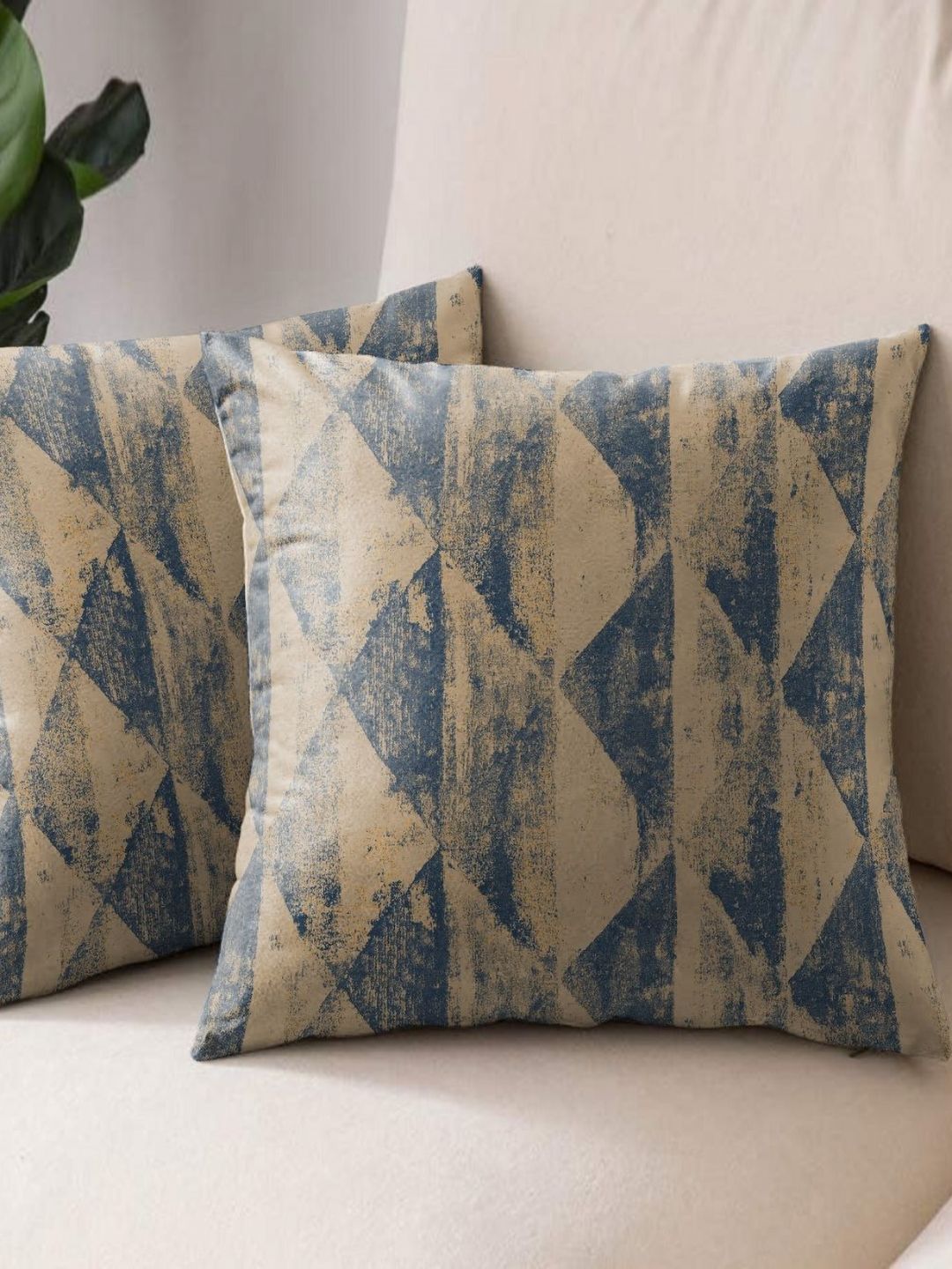 Aura Blue & Beige 2 Pieces Abstract Printed Square Cushion Covers