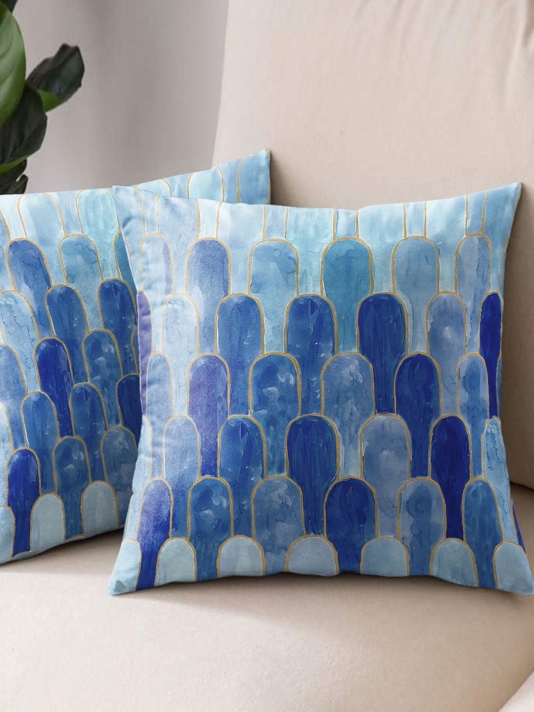 Aura Premium Nicobar Blue Abstract Polyester Washable 2 Pcs Square Cushion Covers -18x18In