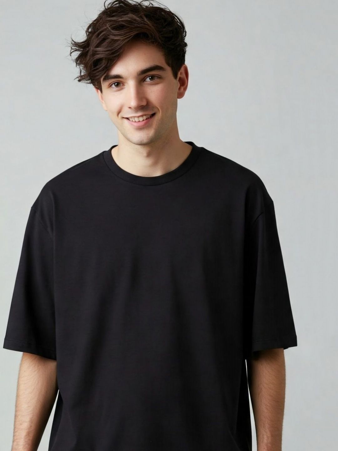 SMAN Black Round Neck Oversized Cotton T-shirt