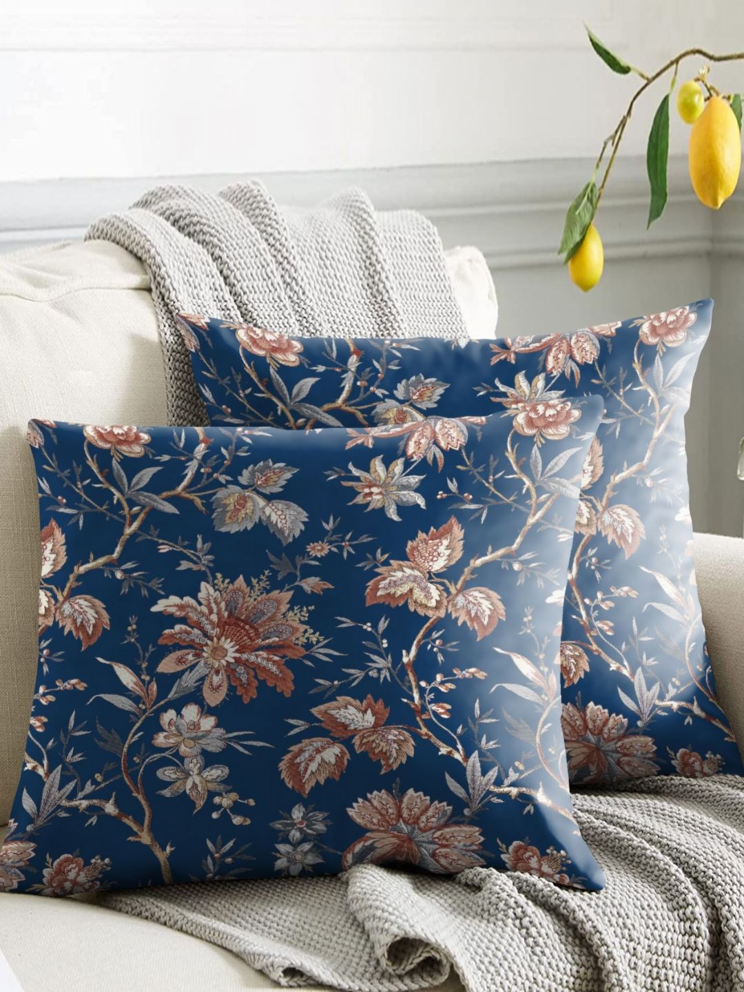 Aura Blue & Brown 2 Pieces Floral Printed Square Cushion Covers