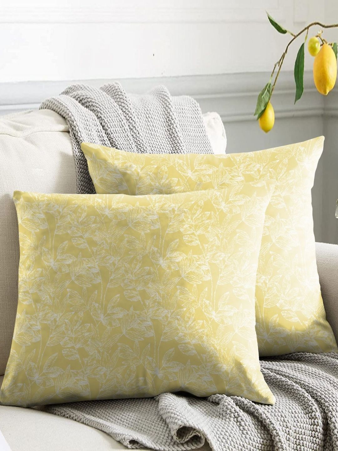 Aura Yellow & White 2 Pieces Floral Printed Square Cushion Covers