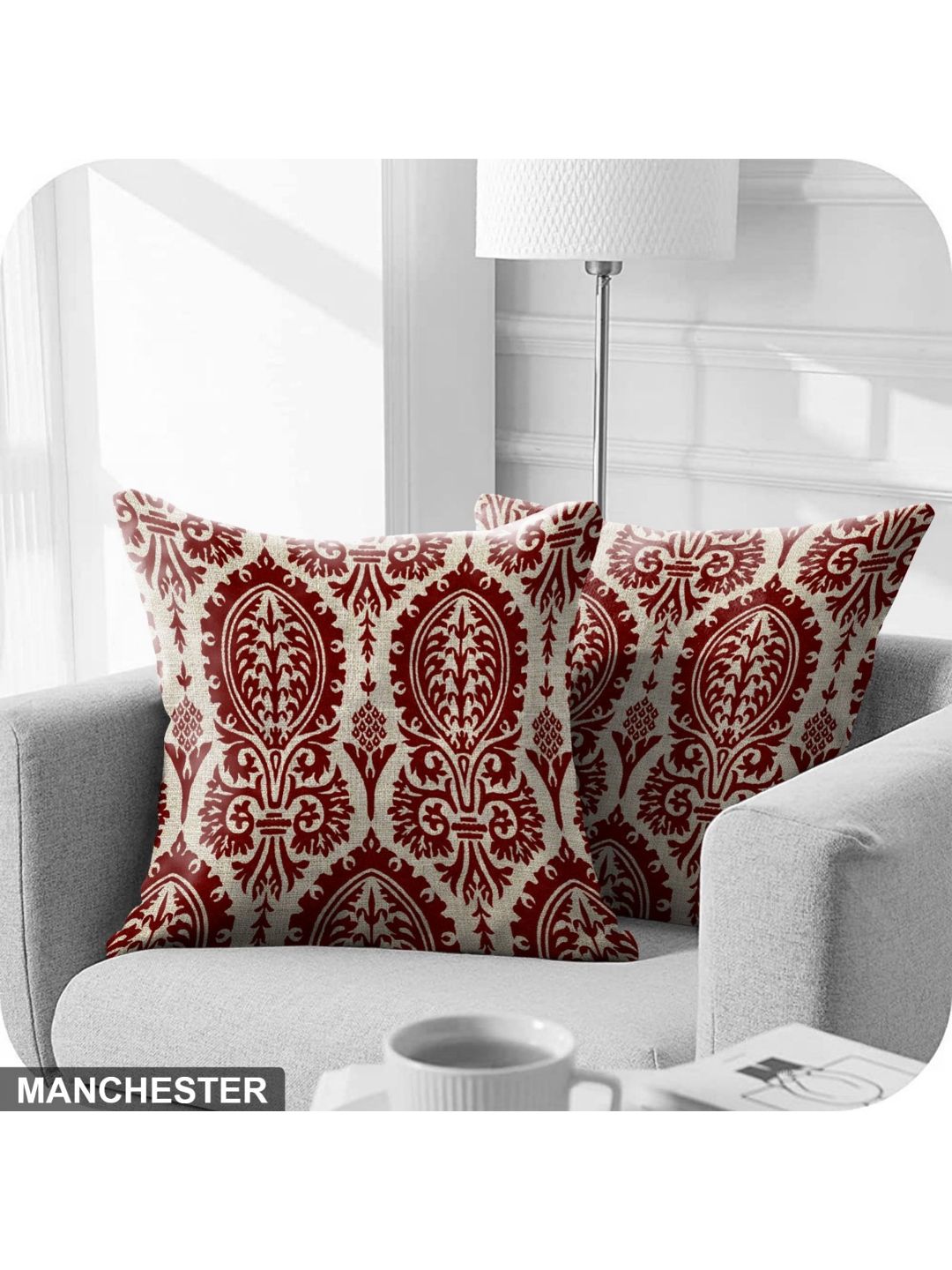 Aura Maroon Ethnic Motifs Polyester Silk Anti-Wrinkle 2 Pcs Square Cushion Covers -18x18In