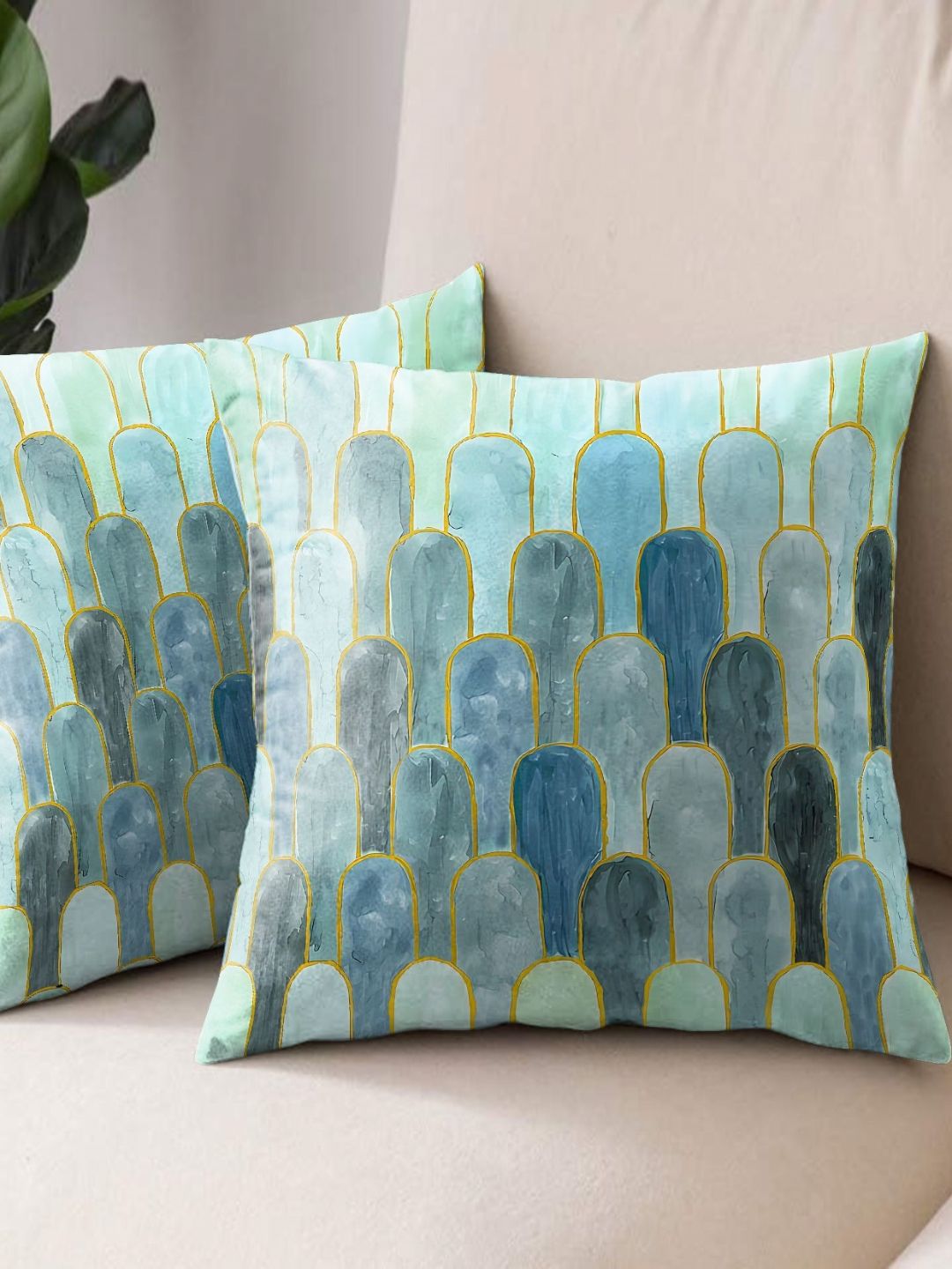 Aura Turquoise Blue & Gold-Toned 2 Pieces Abstract Printed Square Cushion Covers