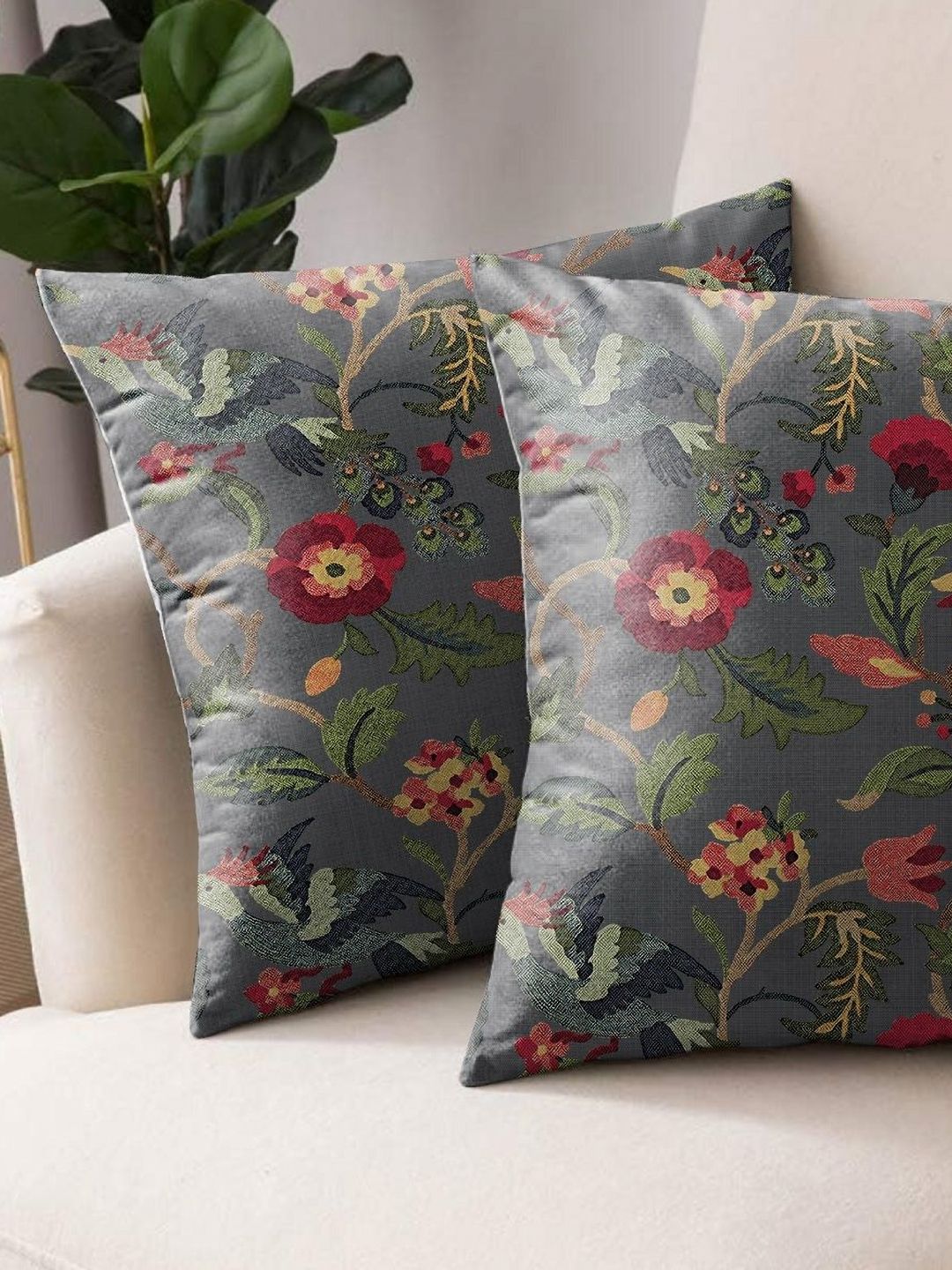 Aura Grey Floral Polyester Quick-Dry 2 Piece Square Cushion Covers - 18 x 18 Inches