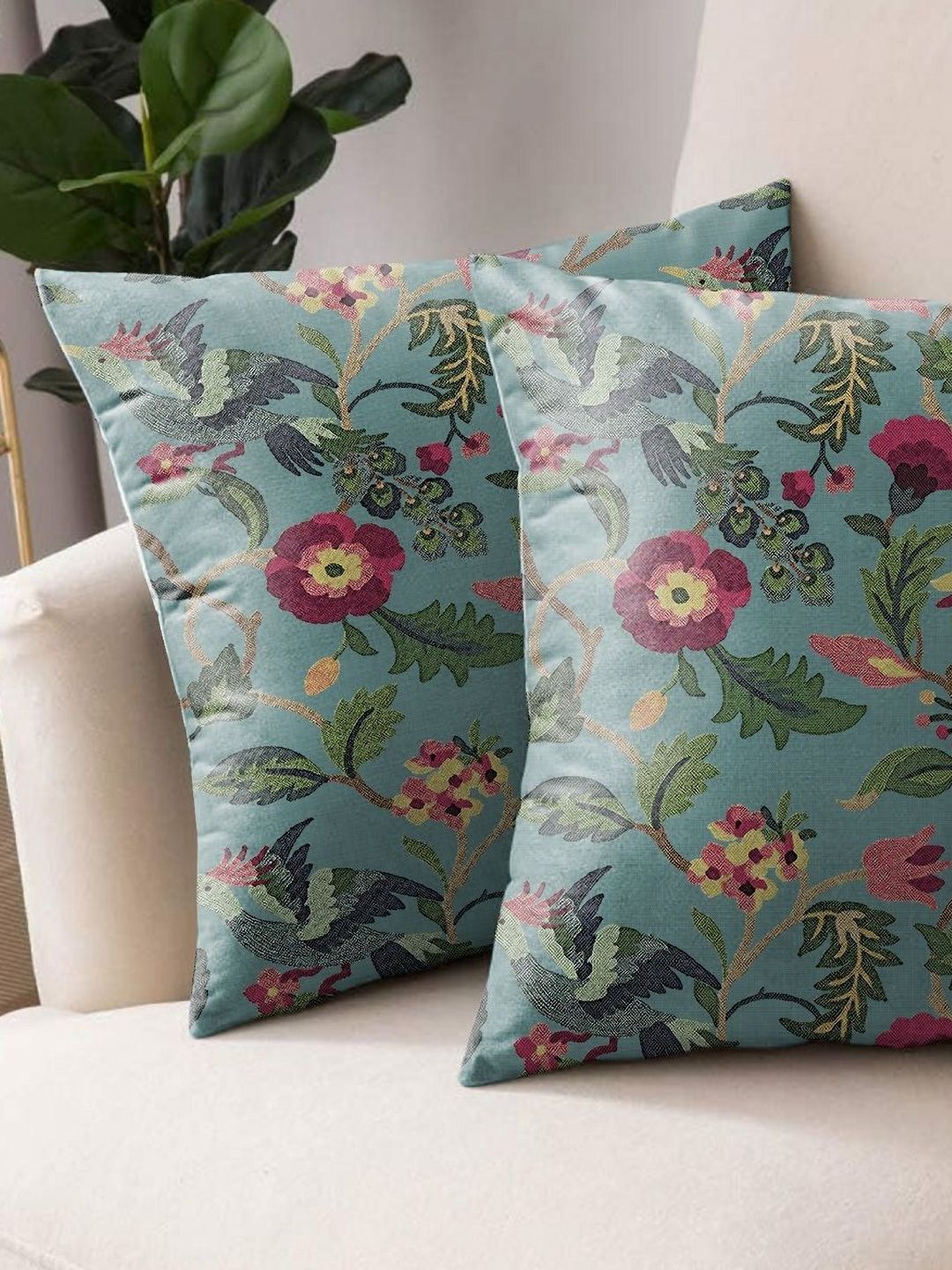 Aura Blue & Pink 2 Pieces Floral Printed Square Cushion Covers