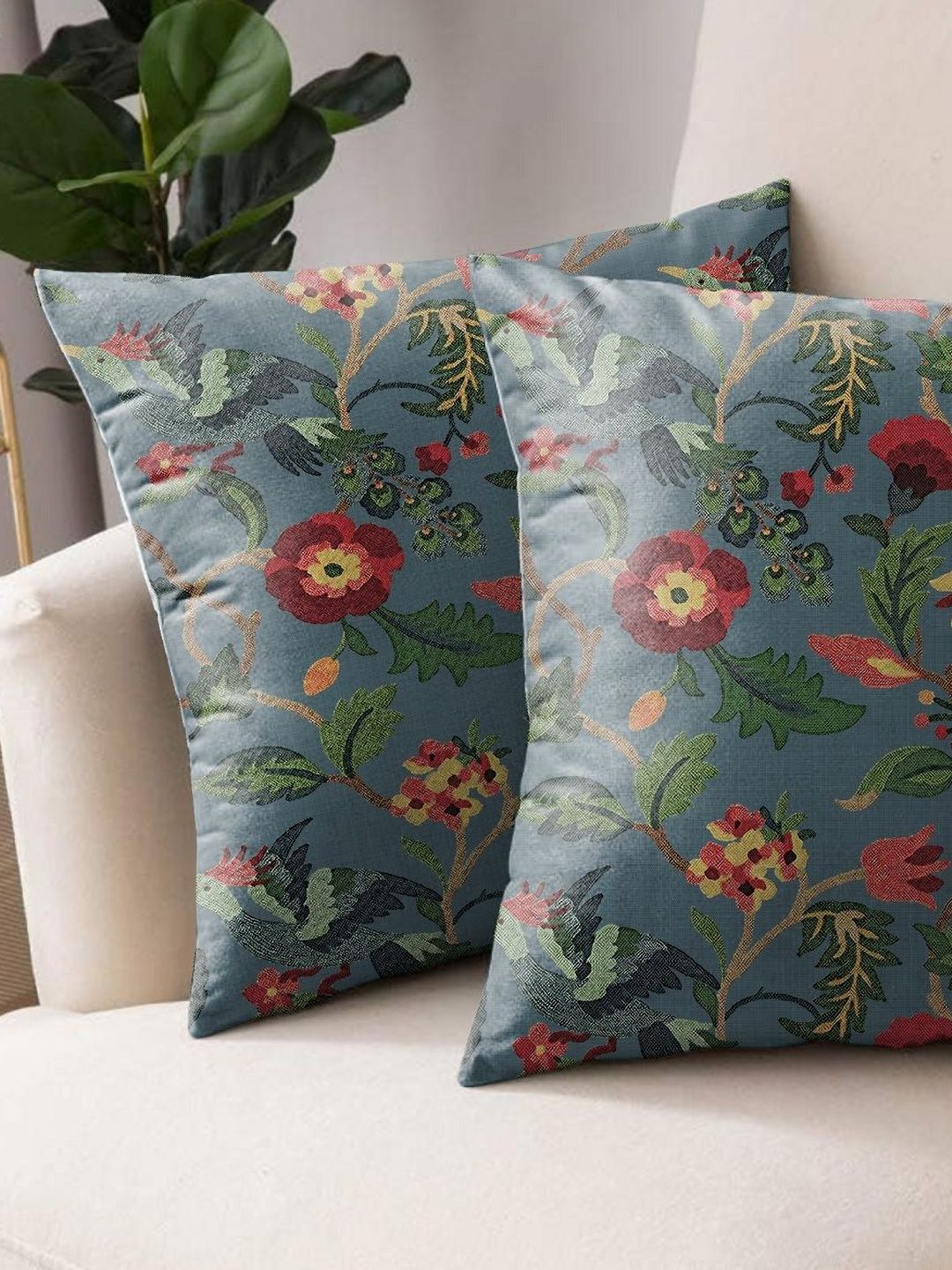 Aura Teal Floral Polyester Washable 2 Piece Square Cushion Covers -18x18In