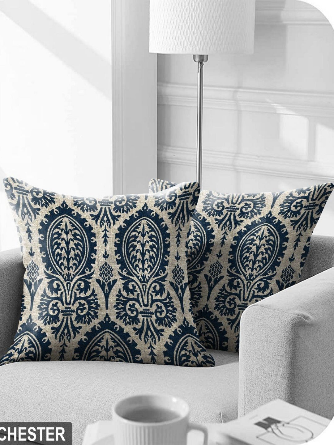 Aura Blue Ethnic Motifs Polyester Washable 2 Piece Square Cushion Covers -18x18In