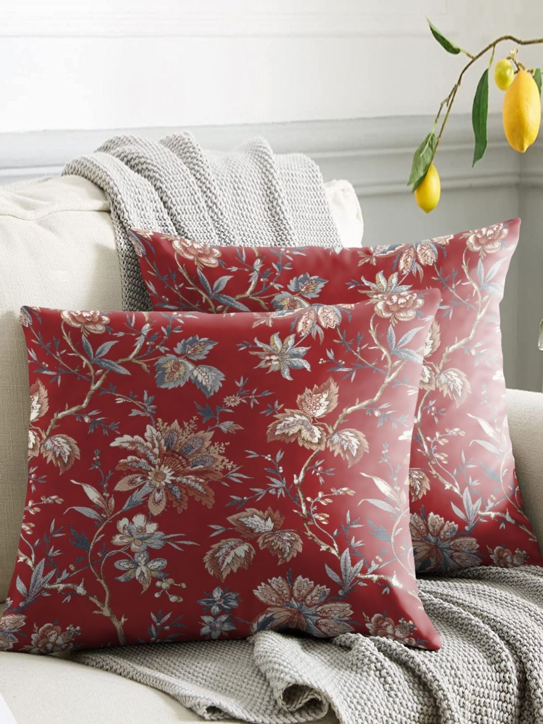 Aura Red Floral Polyester Anti-Wrinkle 2 Piece Square Cushion Covers - 18 x 18 Inches
