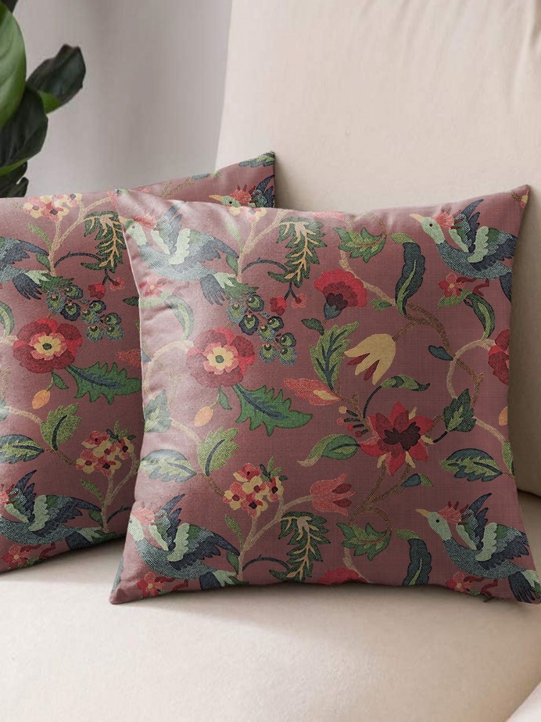 Aura Premium Cabal Pink Floral Polyester Washable 2 Piece Square Cushion Covers -18x18In