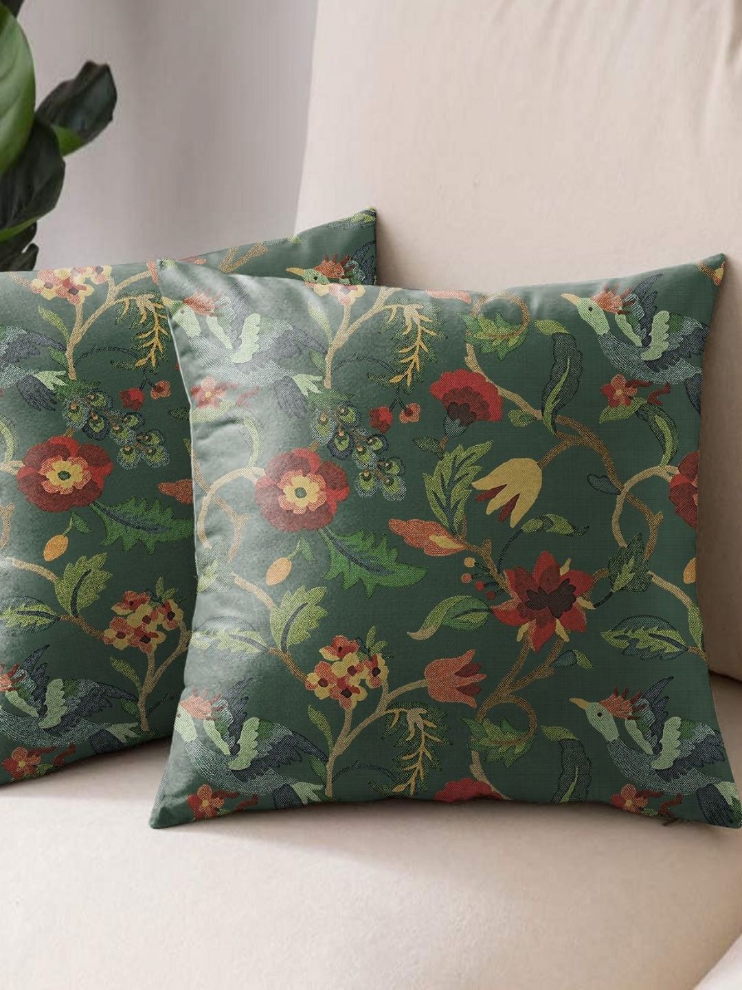 Aura Green Floral Polyester Silk Anti-Wrinkle 2 Piece Square Cushion Covers -18x18In