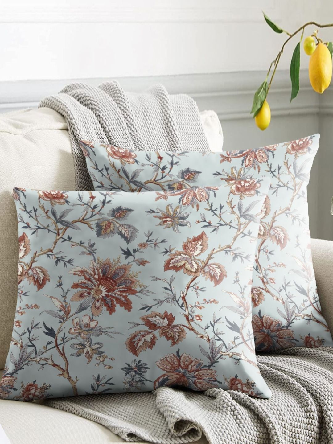 Aura Turquoise Blue Floral Polyester Washable 2 Piece Square Cushion Covers -18x18In