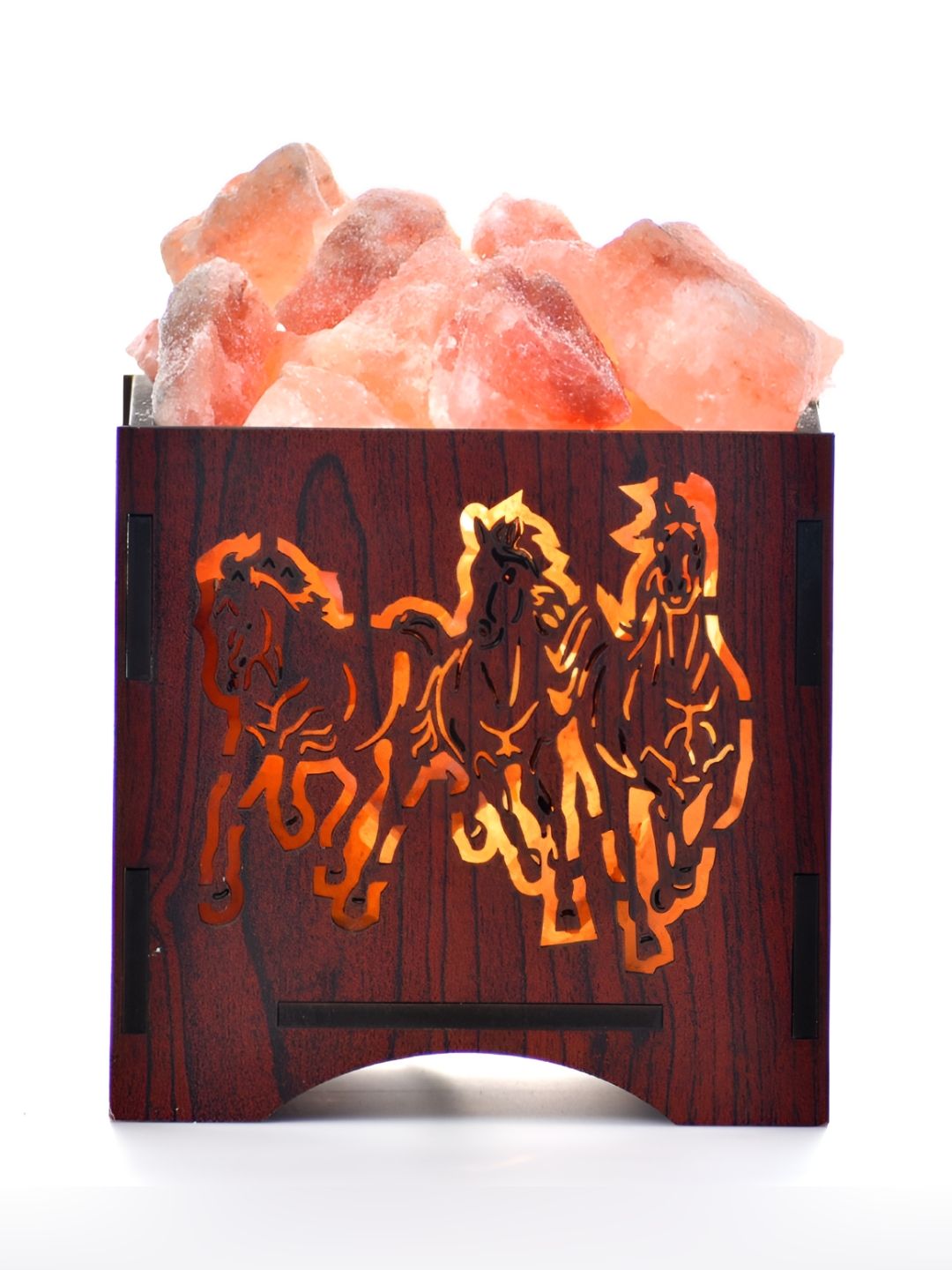 GLOBAL AROMA Horses Rock Salt Basket Lamp Warm Yellow Wood Square Electrical Table Lamps