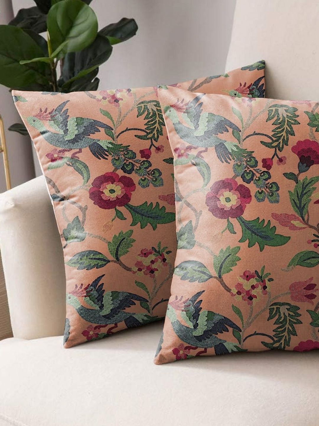 Aura Cabal Peach Floral Polyester Anti-Wrinkle 2 Piece Square Cushion Covers - 18x18In