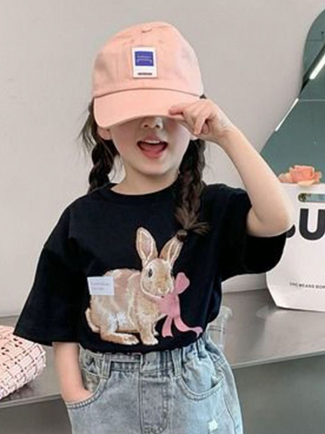 LULU & SKY Girls Printed V-Neck Extended Sleeves Pure Cotton Pockets T-shirt