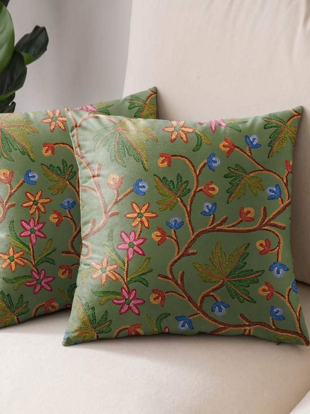 Aura Green & Yellow 2 Pieces Floral Square Cushion Covers