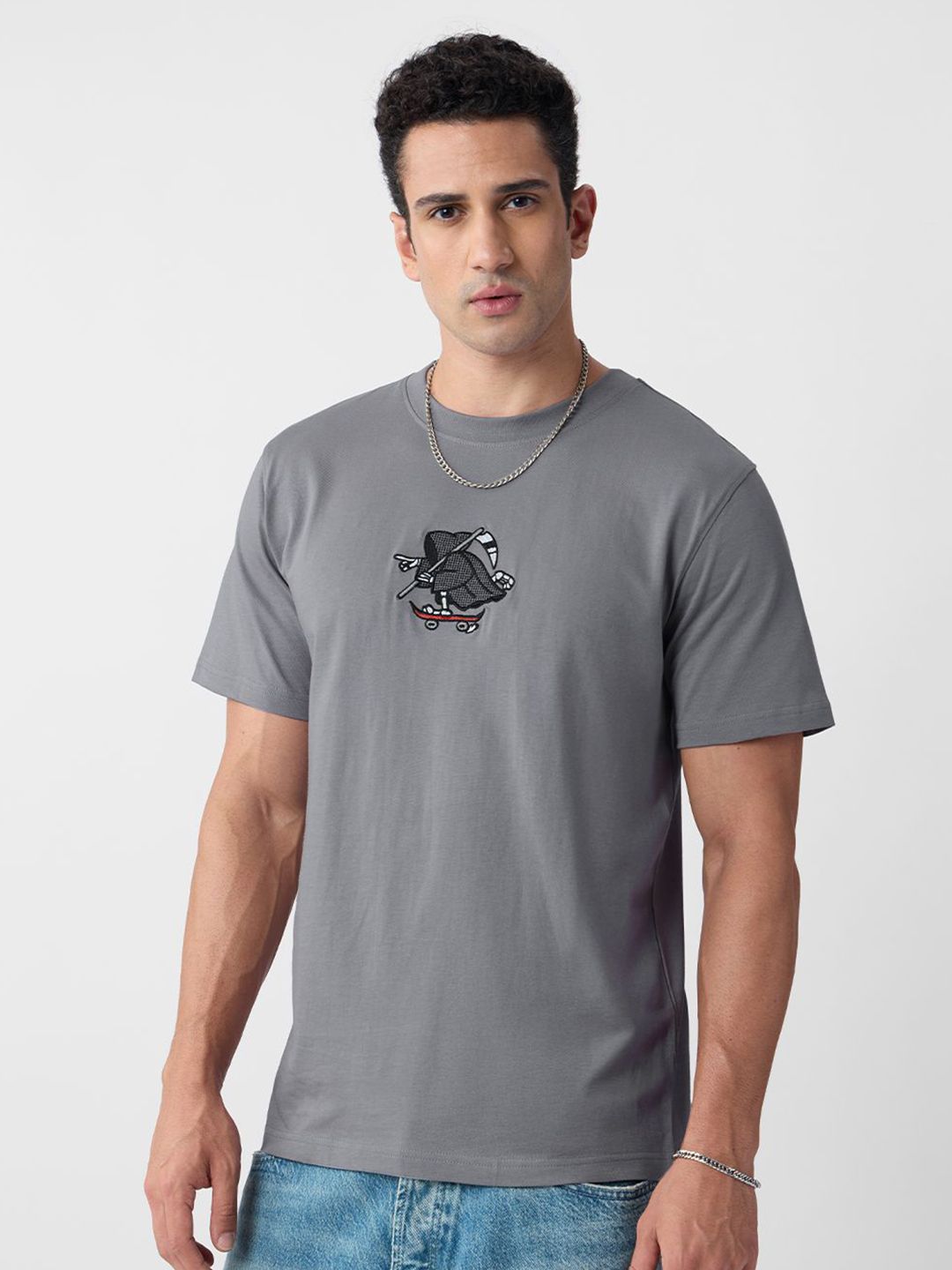The Souled Store Men Printed Grey Cotton Regular Fit T-Shirts