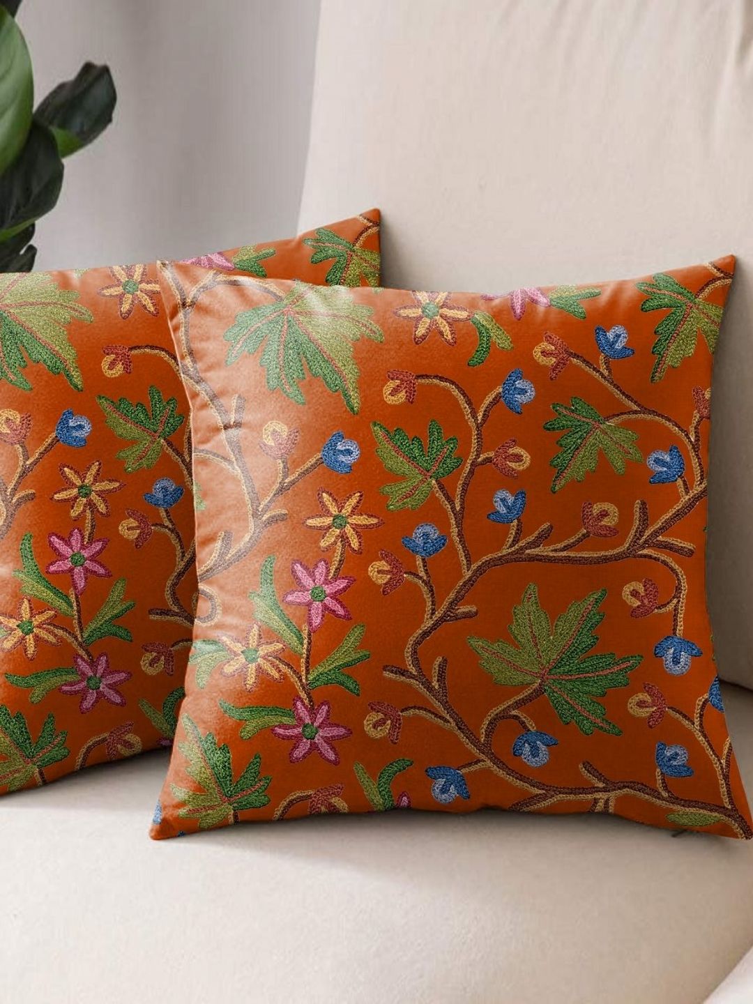 Aura Orange & Green 2 Pieces Floral Square Cushion Covers