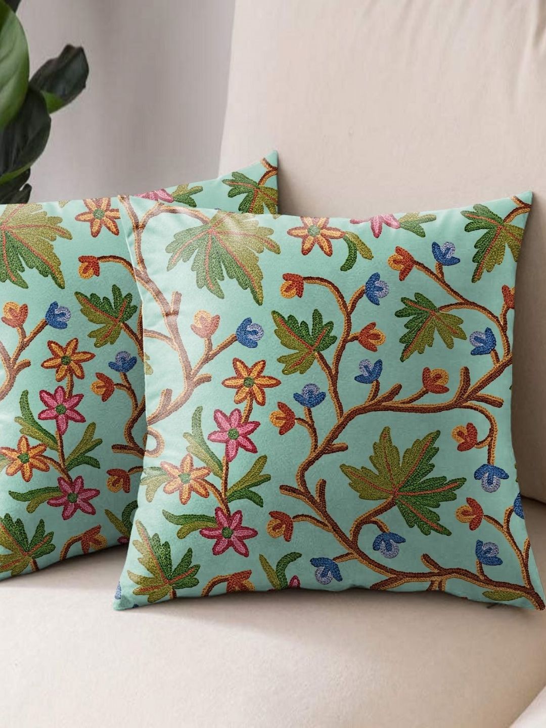 Aura Green & Brown 2 Pieces Floral Square Cushion Covers