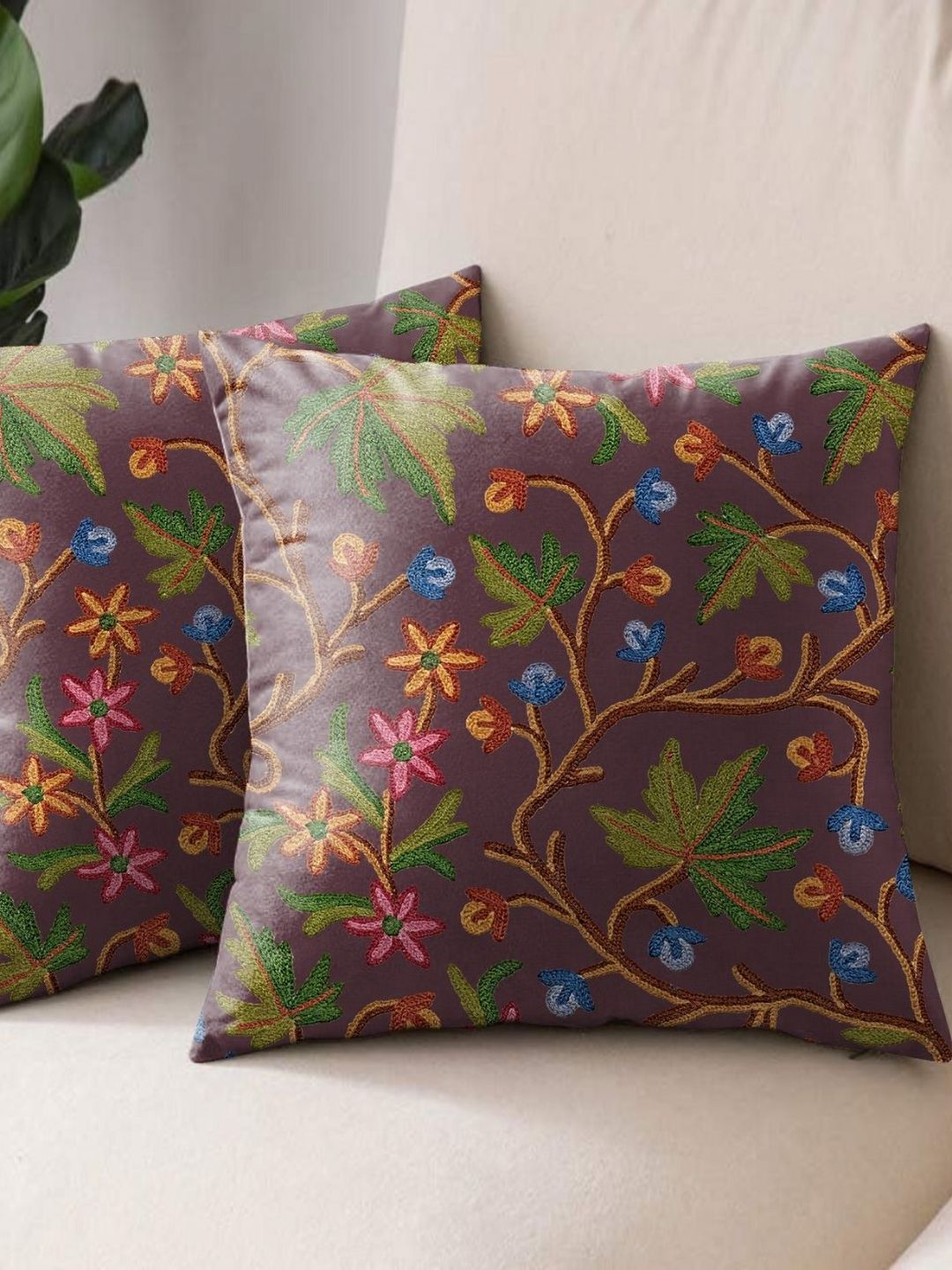Aura Purple & Green 2 Pieces Floral Square Cushion Covers