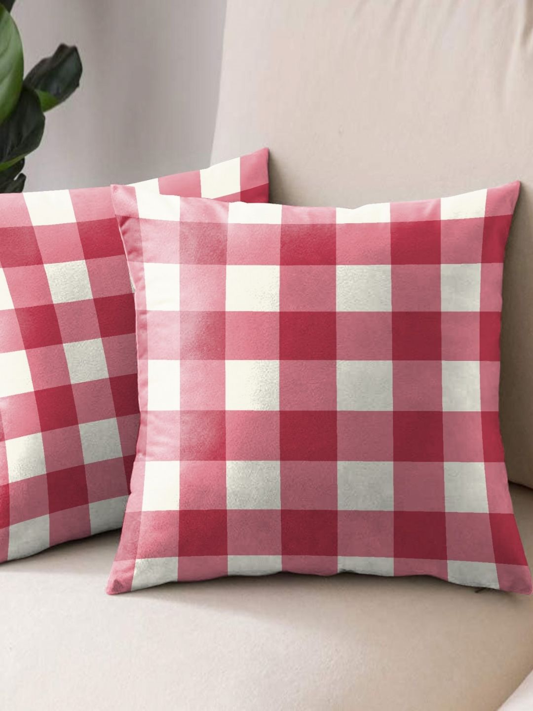 Aura Red & White 2 Pieces Checked Square Cushion Covers