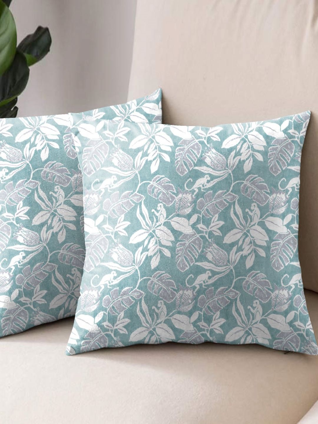 Aura Blue & White 2 Pieces Floral Square Cushion Covers