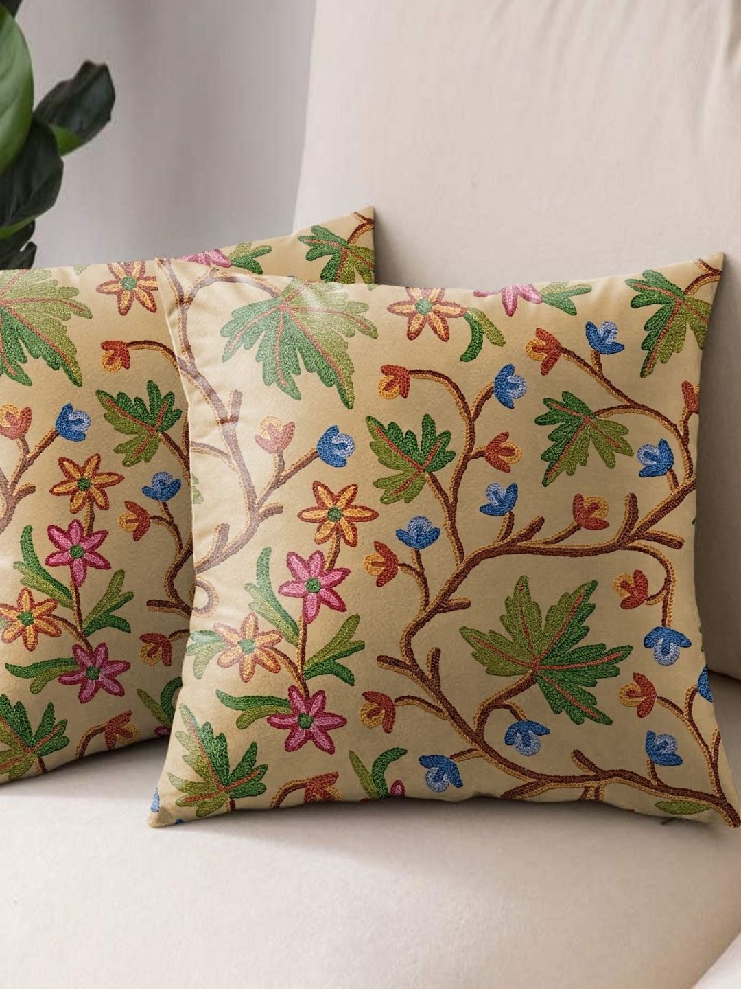 Aura Beige & Green 2 Pieces Floral Printed Square Cushion Covers
