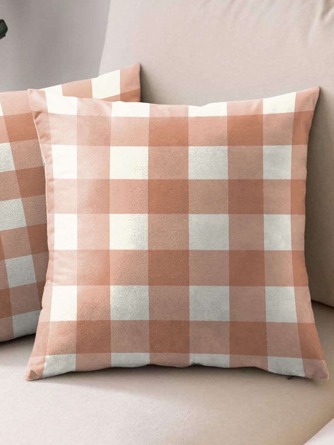Aura Orange & White 2 Pieces Checked Square Cushion Covers